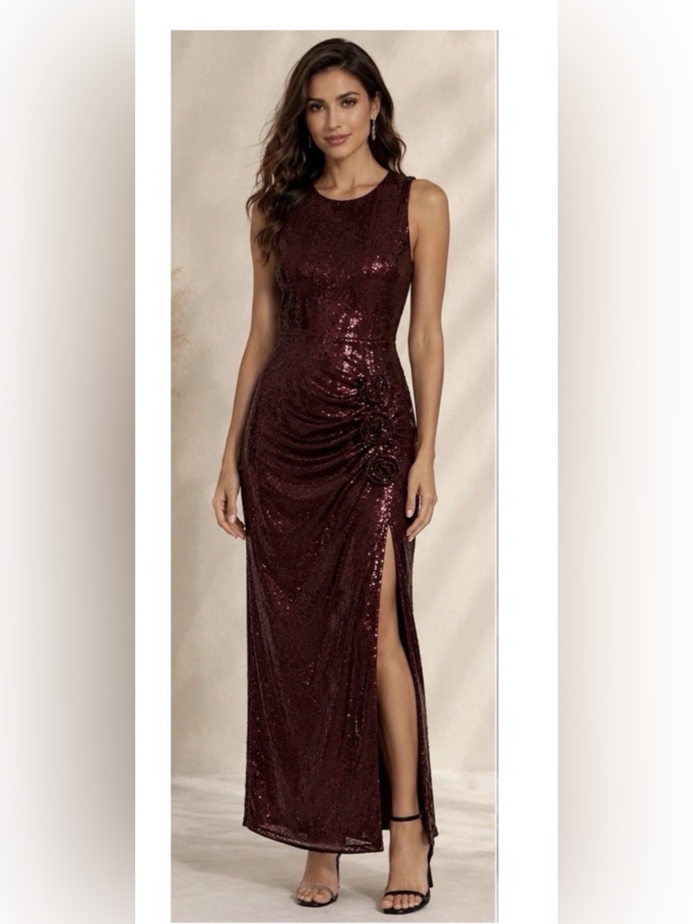 Avec Les Filles Burgundy Sequin Midi Dress with Side Slit